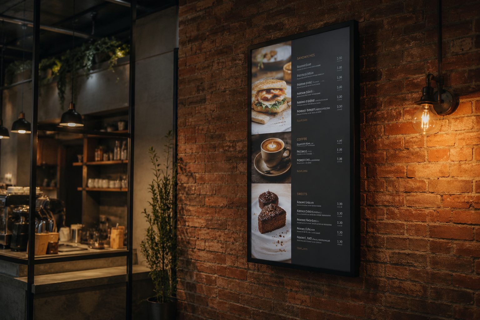 Panel de carta de una cafetería en pared de ladrillo, integrado con serenidad