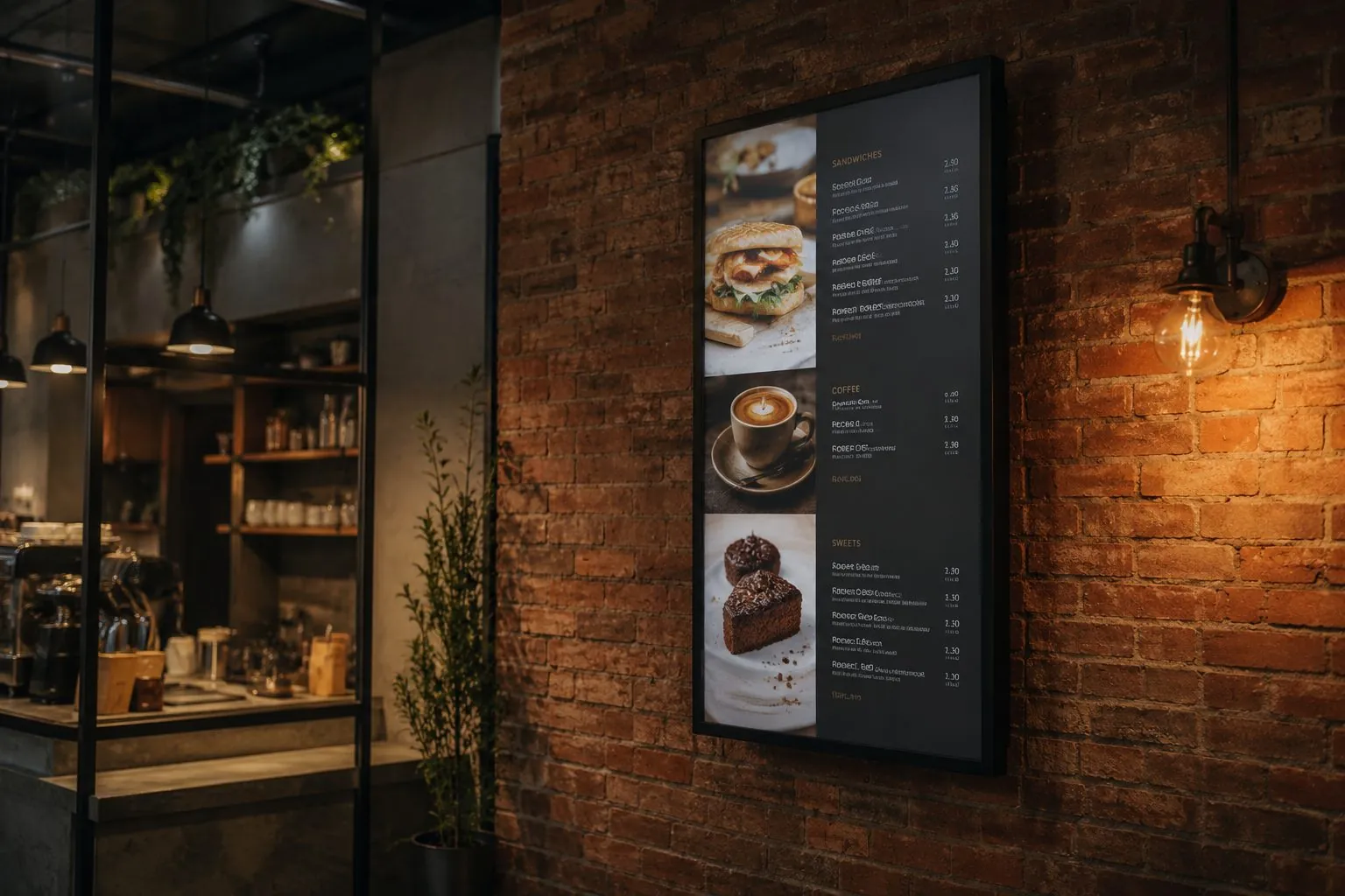Café-Menüboard an Backsteinwand, ruhig integriert