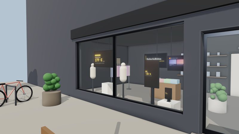 Escaparate moderno de día con pantalla suspendida y tótem