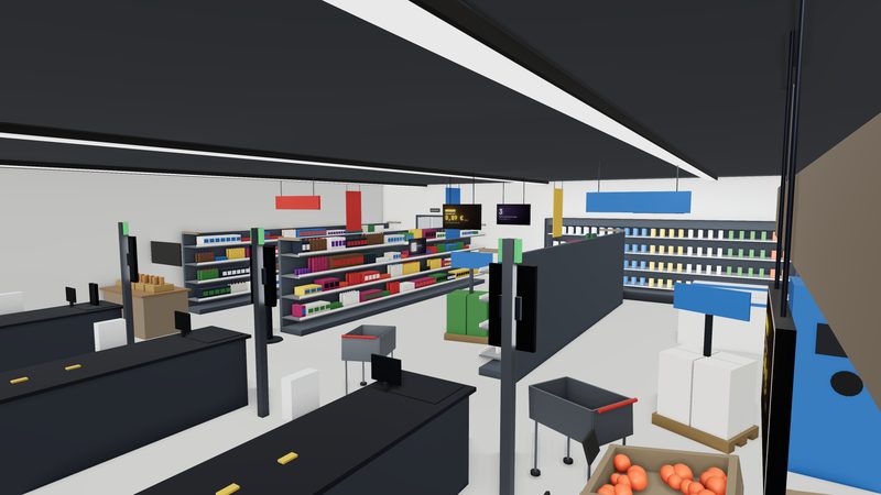 Vista general de un supermercado de descuento: zona de cajas con pantallas en los postes, pasillo con pantallas colgantes y refrigerador